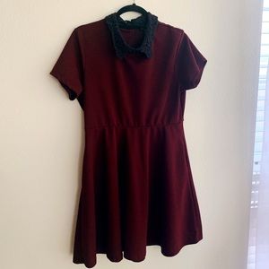 Lace Peter Pan Collar Burgundy Dress - Fit & Flare